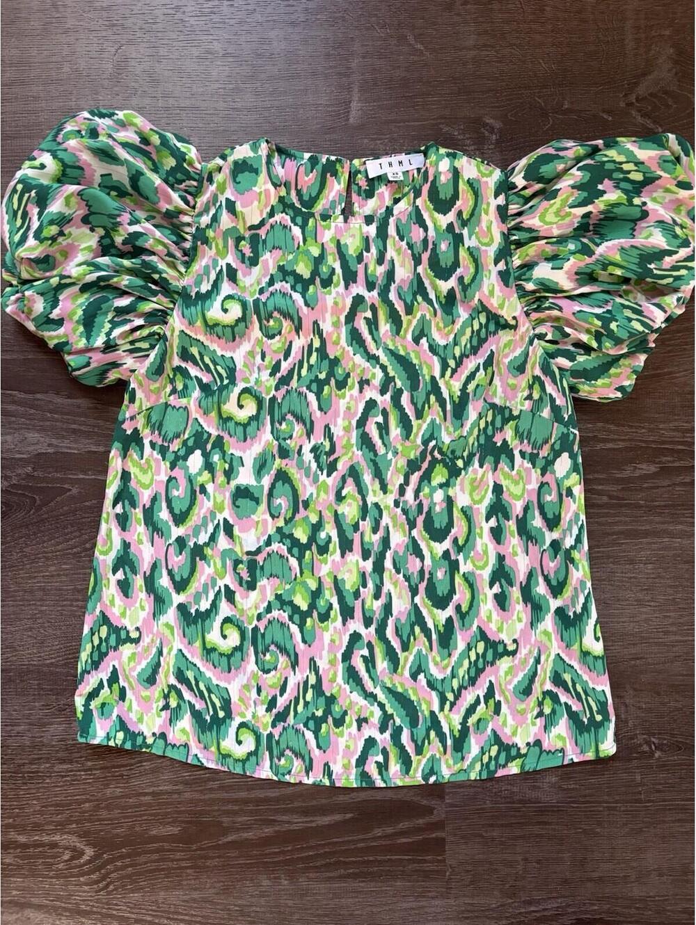 THML Women’s Short Puff Sleeve Blouse, Green Pink and White Print, Size XS